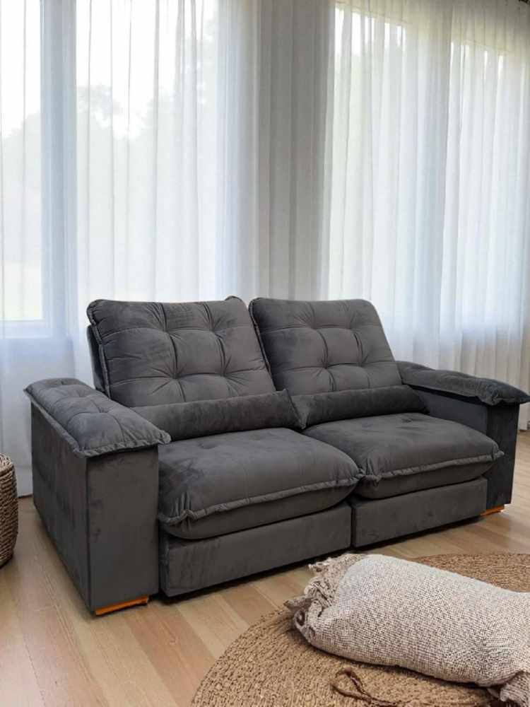 Estofado Retratil Reclinavel Gold 250 2×100 mais Brc 25cm com Pillow Top 25cm Veludo Cinza 25 Diviminas