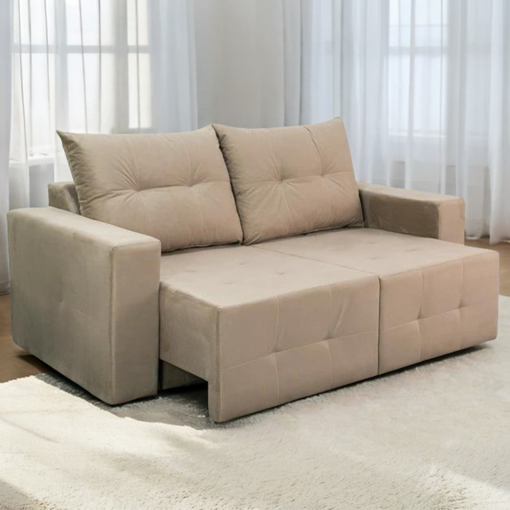 Estofado Retratil Havai 180 2×90 Veludo Bege Bianca Decor
