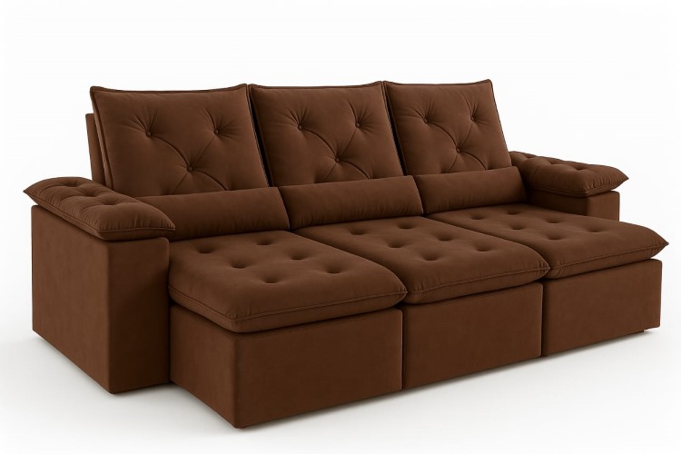 Estofado Retratil Reclinavel Madri 270 3×75 Pillow 20cm com Rineiras Veludo Suede Marrom 402 Kairos Estofados