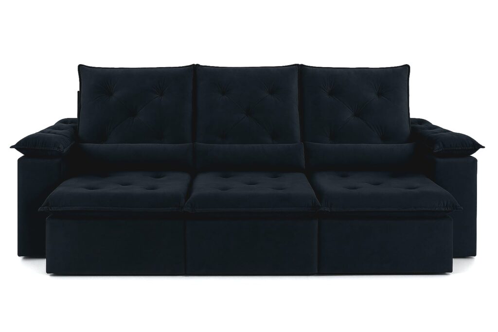 Estofado Retratil Reclinavel Madri 270 3×75 Pillow 20cm com Rineiras Veludo Suede Preto 401 Kairos Decor