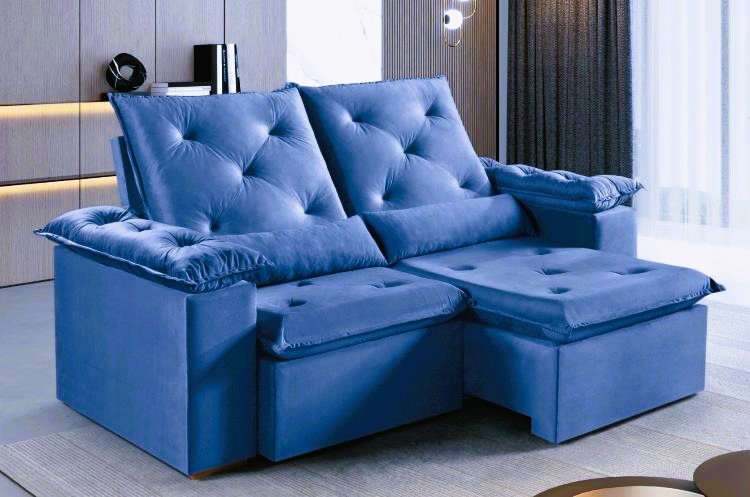 Estofado Retratil Reclinavel Opel 200 2×100 Veludo Suede Azul KM Decor