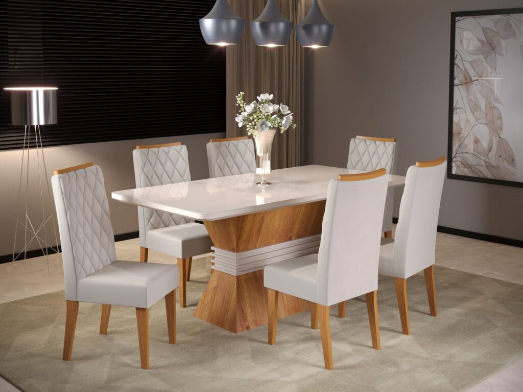 Sala Eve 180×90 com 6 Cadeiras Iza Mel Blonde.Off White Veludo Marfim Viero
