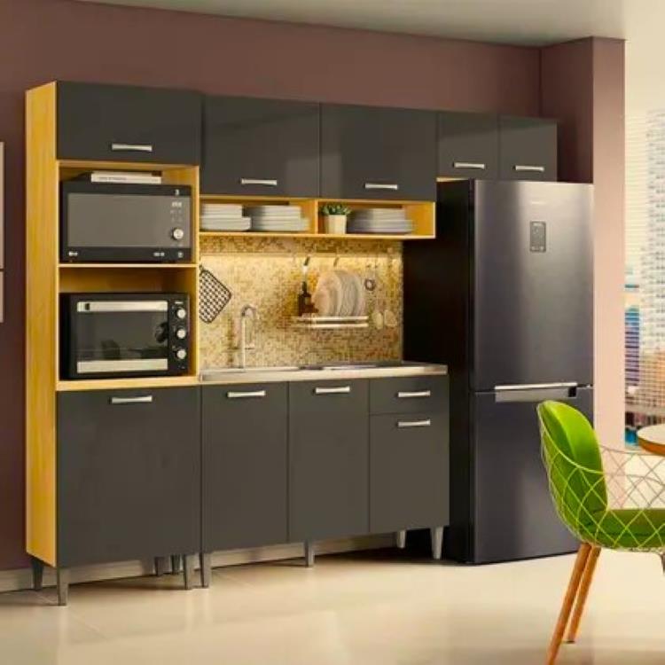 Cozinha Aurora com Balcao Arv Atenas 9P1G Cinamomo.Grafite Aramoveis