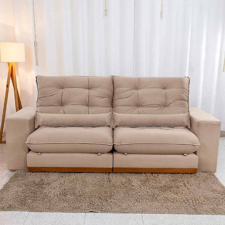 Estofado Retratil Reclinavel Toronto 290 2×120 mais 25cm Brc com Pillow 25cm Veludo Suede Bege Bia Estofados