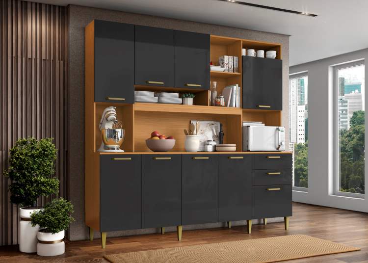 Kit Cozinha Mega 9P2G Cinamomo.Grafite Aramoveis