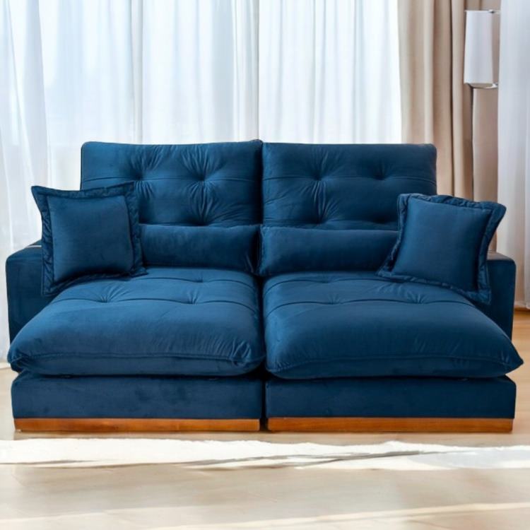 Estofado Retratil Reclinavel Toronto 230 2×90 mais Brc 25cm Molas Pocket e Pillow 25 Veludo Suede Azul Bia Estofados