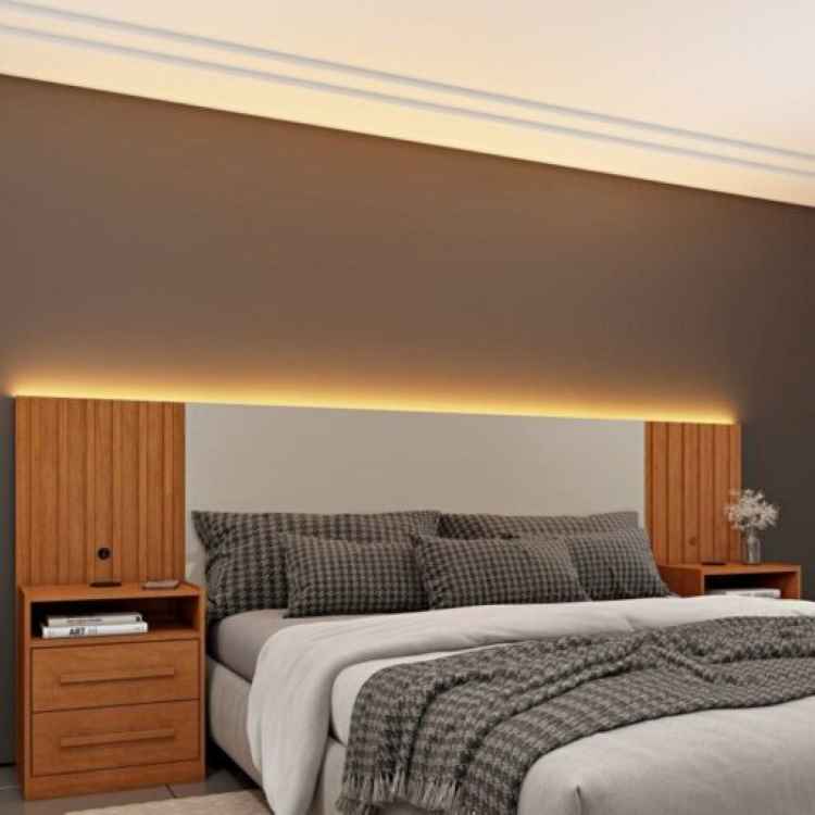 Painel Box Casal.Queen Montserrat.Barcelona com LED e Entrada USB Cinamomo Ripado/Off White TCIL