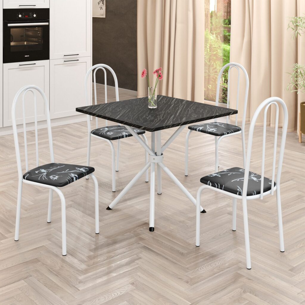 9652.27.1.62 Conjunto Mesa Ubatuba Branco Tmp MDP Indiana Preto 70×70 com 4Cds Branco.Liriio Preto Teixeira