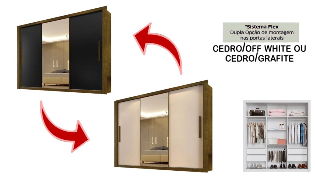 12604.Roupeiro Panama 3P4G com 1 Espelho sem Pes Jequitiba ou Jequitiba.Granizo Flex Visualização Salleto