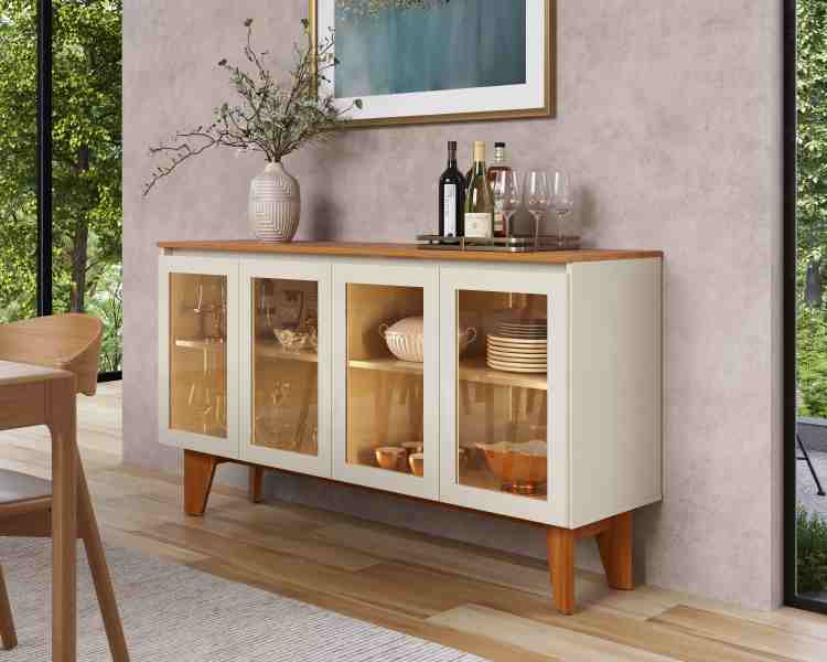 Buffet Kryoton 4P com Vidro Reflec e LED Off White/Nature J&A Moveis