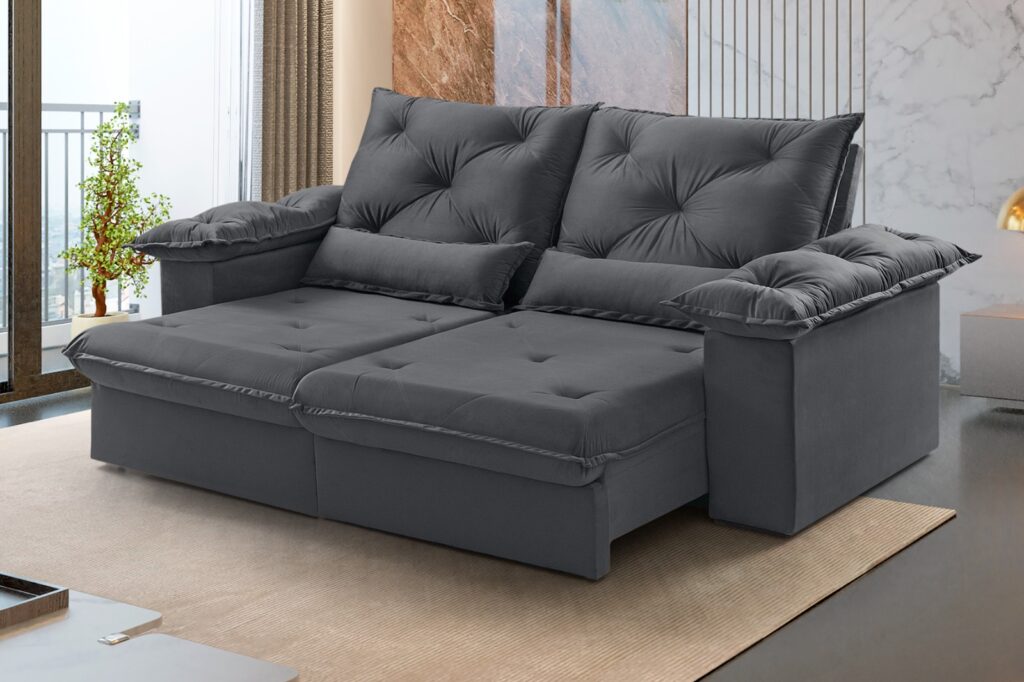 Estofado Retratil Reclinavel Atlas 200 2×80 + Braco 20cm Veludo Inca Grafite 10 Idealle