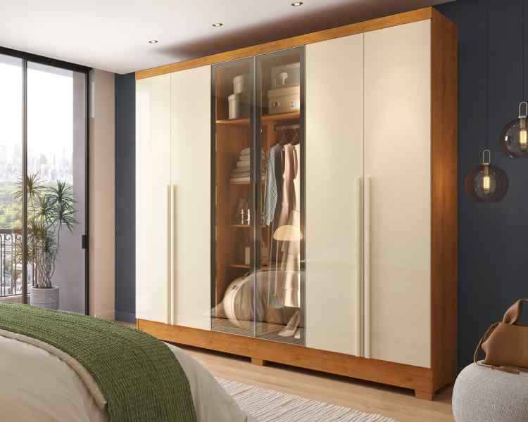 Roupeiro Atenas 6P sendo 4P MDP e 2P Vidro Reflecta Nature/Off White J&A Moveis