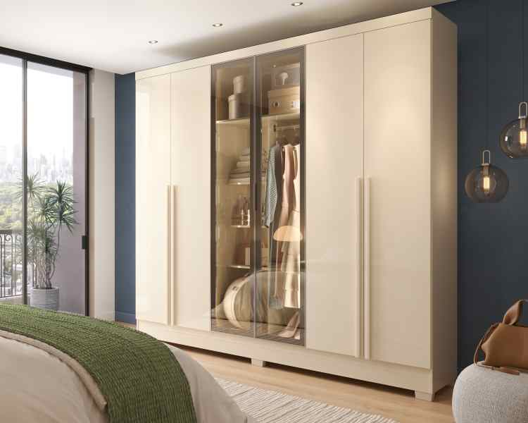 Roupeiro Atenas 6P sendo 4P MDP e 2P Vidro Reflecta Off White J&A Moveis