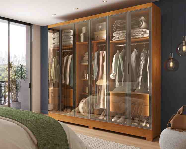 Roupeiro Atenas 6P Vidro Reflecta Nature J&A Moveis