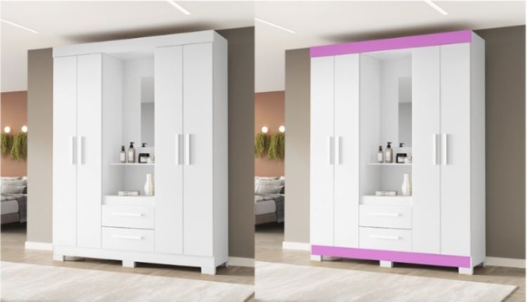 Roupeiro Capelinha NT 6055 4P2G com Espelho Branco New/Branco-Rosa Flex Notavel