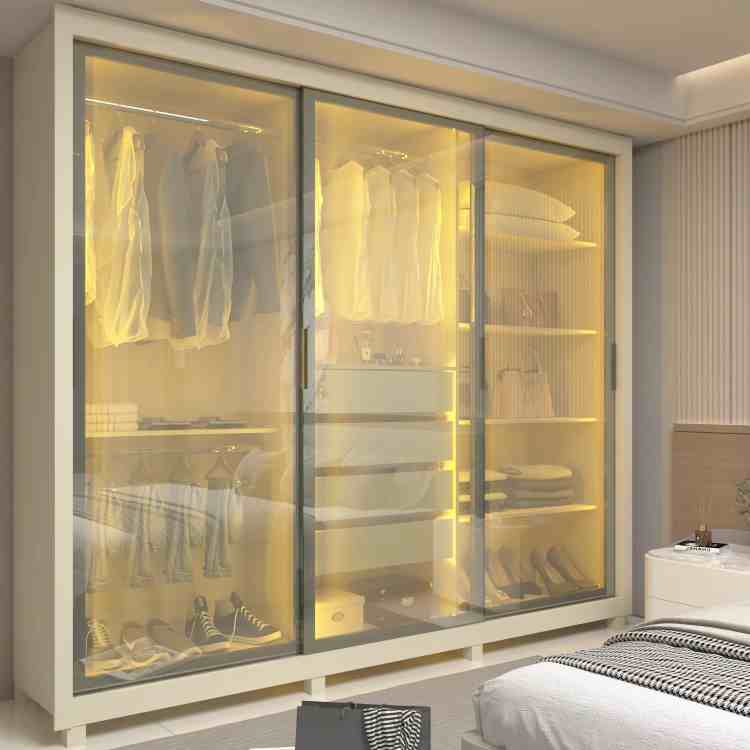 0754032-Roupeiro Royale 3P Vidro Reflecta com Pés e LED Off White 8V Gelius