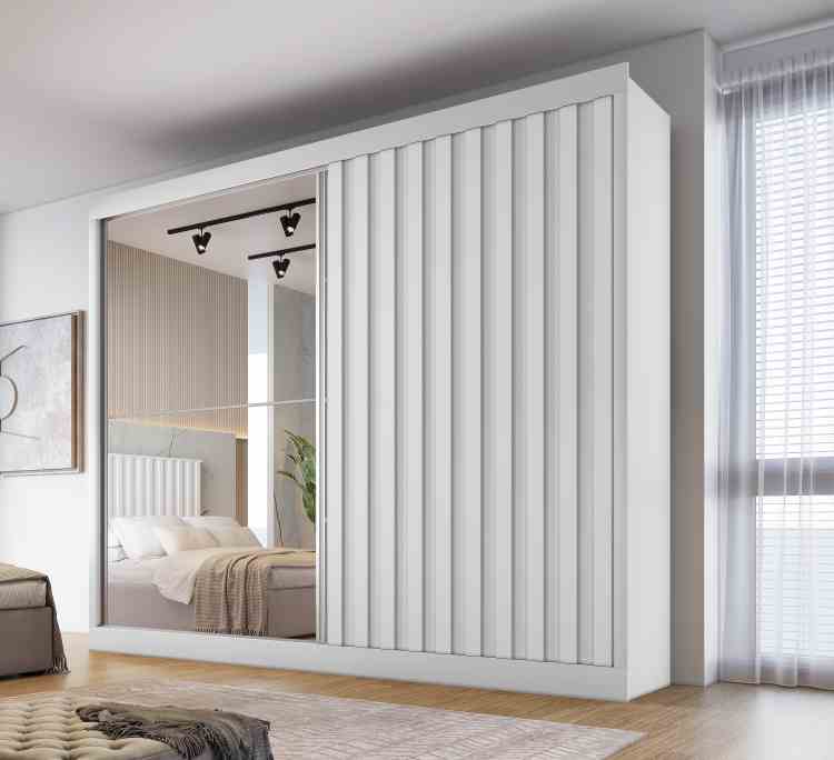 11702.150-Roupeiro Atlanta 2P, sendo 1 Porta Ripado e 1 Porta Espelhda Branco Acetinado MadMarcs