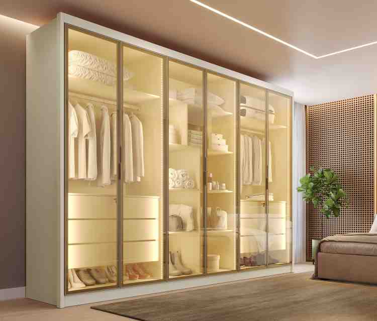 12450.137-Roupeiro Madri 6P Vidro Reflecta Off White 10V MadMarcs
