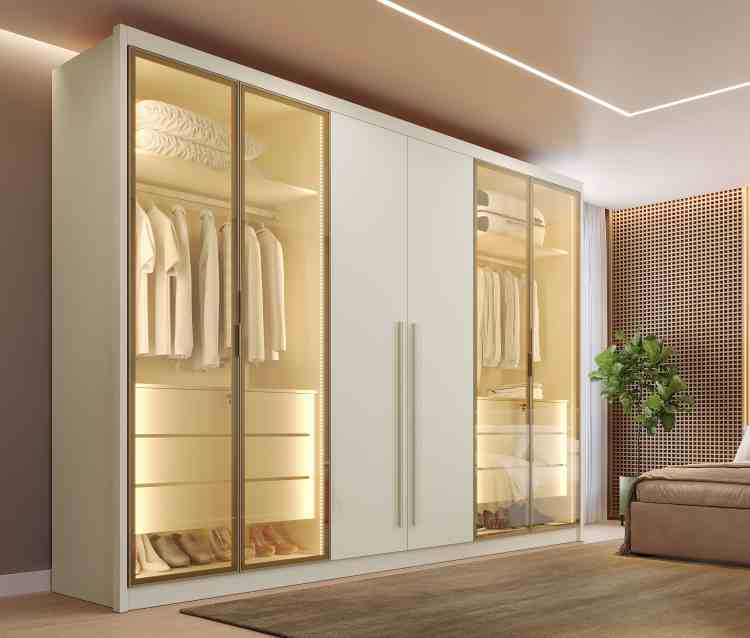 12451.137-Roupeiro Madri 6P, sendo 4 Portas Vidro Reflecta e 2 Portas MDF Off White MadMarcs