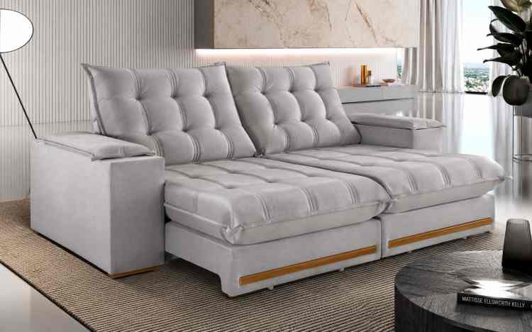 8634.211-Estofado Retratil Reclinavel Meriti 250 2x100 + Braco 25cm Pillow 30cm Tec Extra 319 Veludo Cinza Teixeira