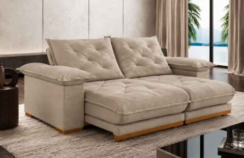 8591.211-Estofado Retratil Reclinavel Marrocos 250 2x100 + Braço 25cm Pillow 20cm Tec Extra 334 Veludo Bege Teixeira