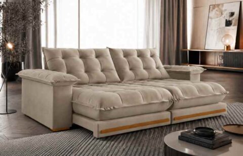 8172.233-Estofado Retratil Reclinavel Meriti 250 2x100 + Braco 25cm Pillow 30cm Tec Extra 334 Veludo Bege Teixeira