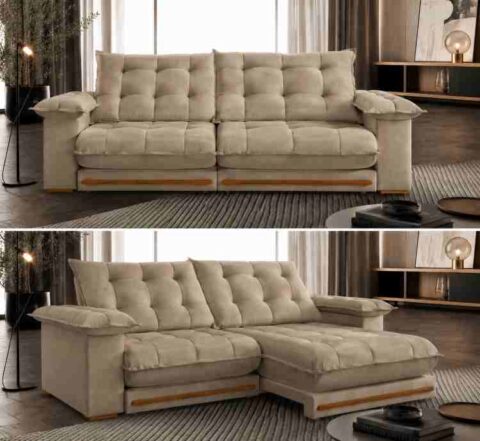 8172.233-Estofado Retratil Reclinavel Meriti 250 2x100 + Braco 25cm Pillow 30cm Tec Extra 334 Veludo Bege Teixeira - foto 2