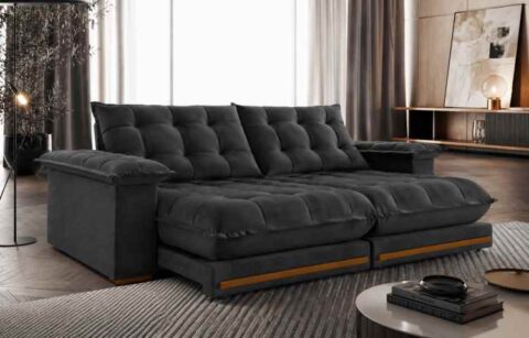 8705.233-Estofado Retratil Reclinavel Giovana 250 2x100 + Braco 25cm Pillow 30cm Tec Extra 330 Veludo Grafite Teixeira