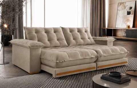 8705.254-Estofado Retratil Reclinavel Giovana 250 2x100 + Braco 25cm Pillow 30cm Tec Extra 334 Veludo Bege Teixeira