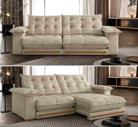 8705.254-Estofado Retratil Reclinavel Giovana 250 2x100 + Braco 25cm Pillow 30cm Tec Extra 334 Veludo Bege Teixeira - foto 2