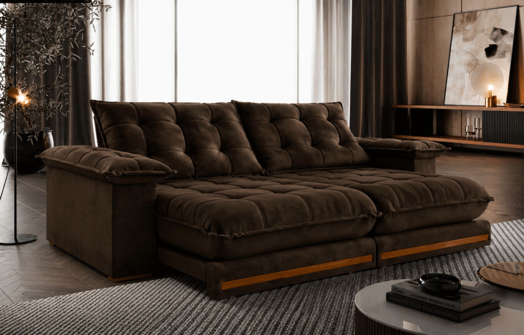 8705.212-Estofado Retratil Reclinavel Giovana 250 2x100 + Braco 25cm Pillow 30cm Tec Extra 320 Veludo Marrom Teixeira - foto 1