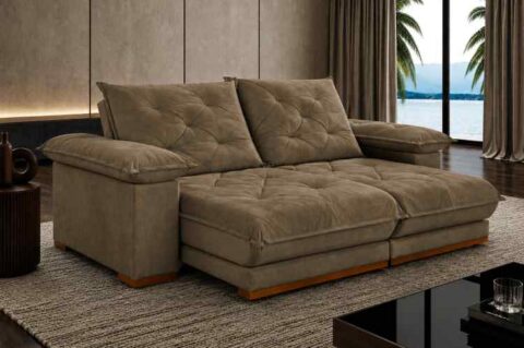 8591.211-Estofado Retratil Reclinavel Marrocos 250 x100 + Braco 25cm Pillow 20cm Tec Extra 319 Veludo Capuccino Teixeira