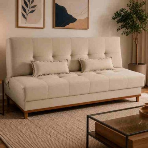 Sofa Cama Catania 3 Estagios Tecido Veludo Suede Bege Tec 01 MDP Estofados