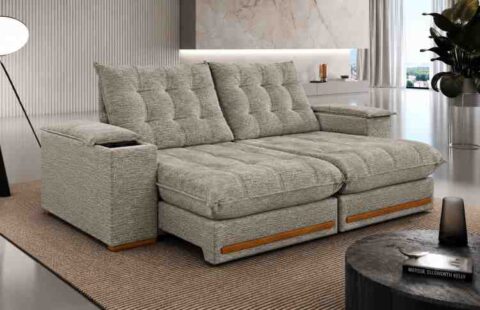 8165.347-Estofado Retratil Reclinavel Meriti 250 2x100 + Braço 25cm Pillow 30cm Tec Extra 575 Boucle Bege Teixeira