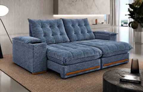8165.347-Estofado Retratil Reclinavel Meriti 250 2x100 + Braco 25cm Pillow 30cm Tec Luxo 575 Veludo Azul Teixeira