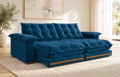 Estofado Retratil Reclinavel Giovana 230 2x90 + Braço 25cm Pillow 30cm Tec Extra 325 Veludo Azul Teixeira