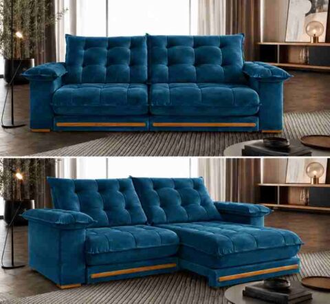 Estofado Retratil Reclinavel Giovana 230 2x90 + Braço 25cm Pillow 30cm Tec Extra 325 Veludo Azul Teixeira - foto 2
