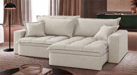 Estofado Retratil com Bau Messina 230 2x115 Boucle Mescla Marfim 2603A Luxury