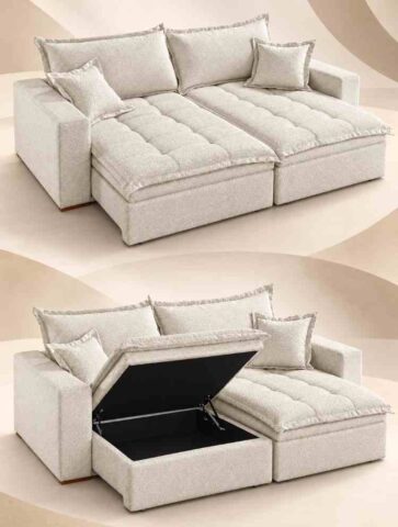 Estofado Retratil com Bau Messina 230 2x115 Boucle Mescla Marfim 2603A Luxury - foto 2